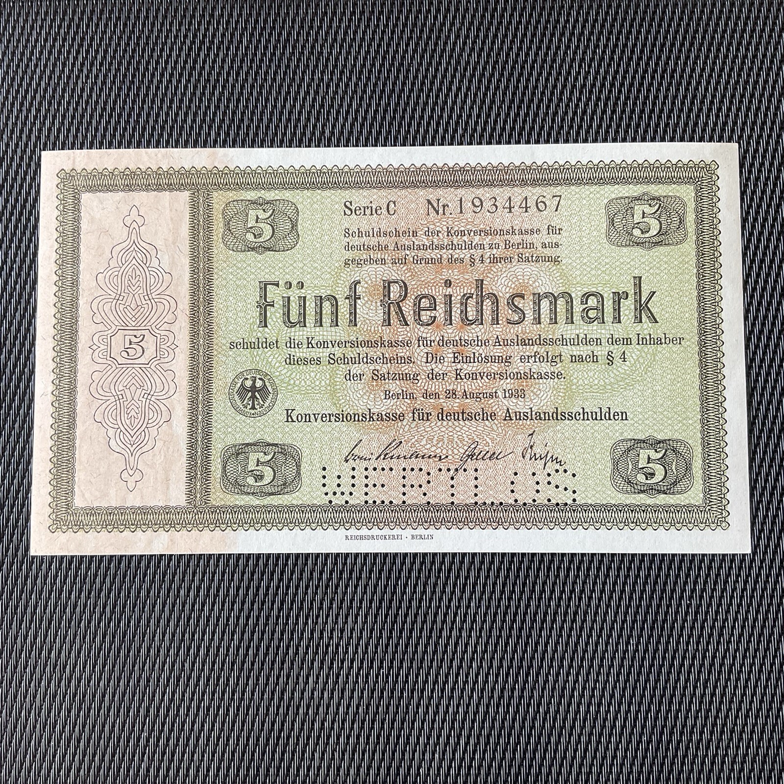ALLEMAGNE: 5 Reichsmark 28/08/1933, Pick 199, ANNULÉ, NEUF/UNC 🔥