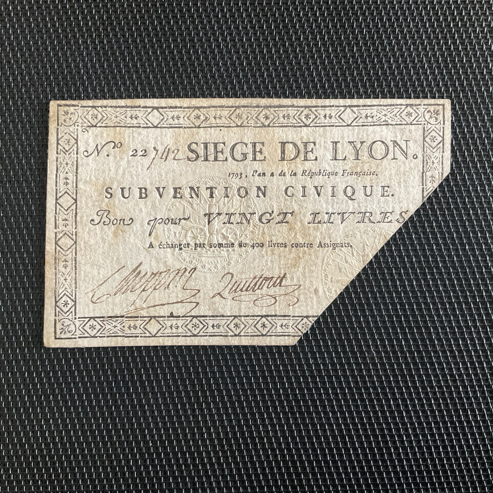 FRANCE: Bon De 20 Livres 1793, Siège De Lyon N°742, Kolsky 135a, TTB/VF🇫🇷