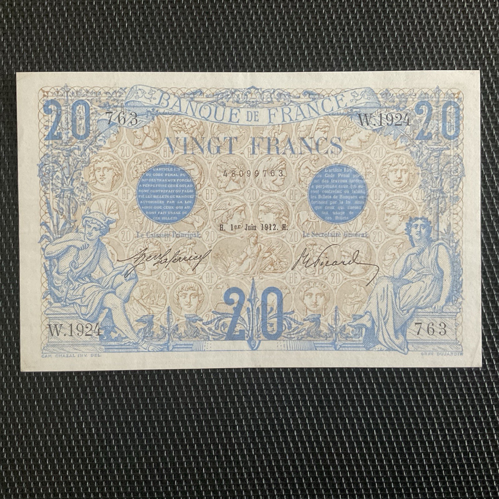 FRANCE: 20 Francs Bleu 01/06/1912, F10-02, SUP+/XF+ 🇫🇷