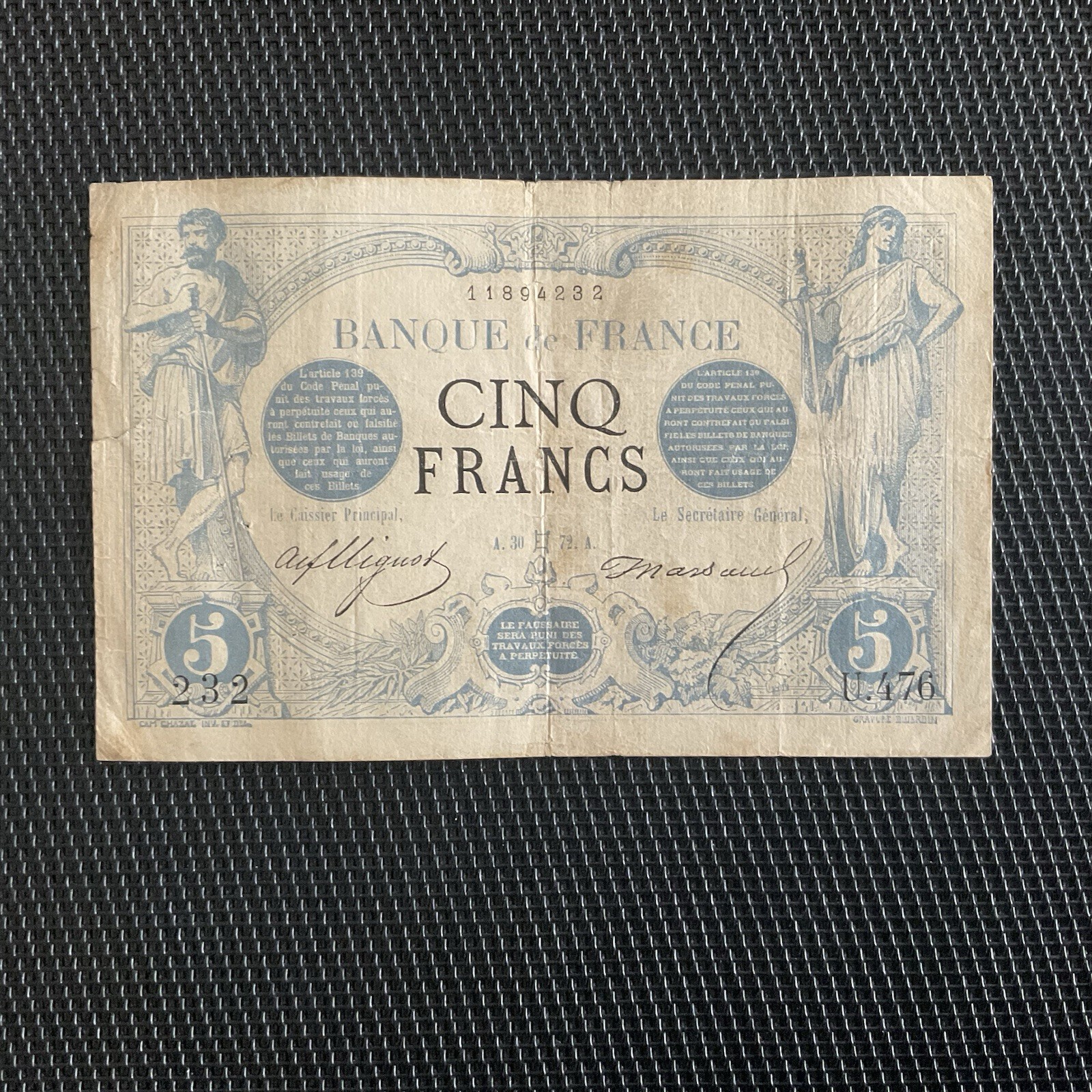 FRANCE: 5 Francs NOIR 1872, GÉMEAUX, BILLET XIXe, F01-06a, TB+/F+ 🇫🇷