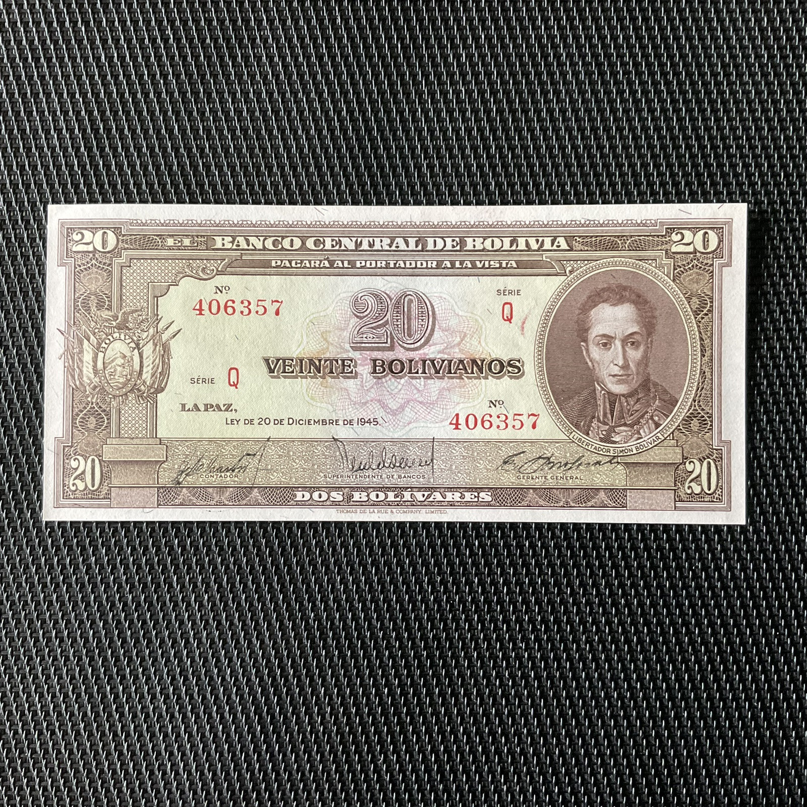 BOLIVIE: 20 Bolivianos 1945, Pick 140, Pr.NEUF/AUNC 🔥