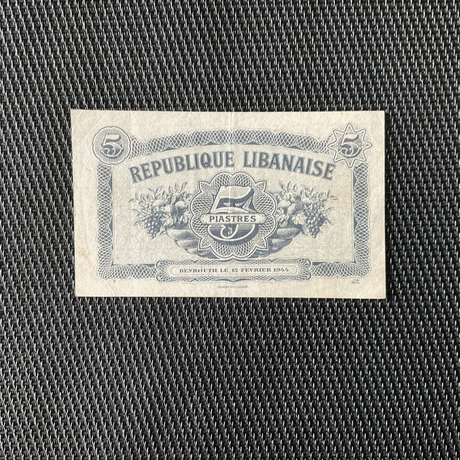 RÉP. DU LIBAN: 5 Piastres 15/02/1944, Pick 38, TTB+/VF+ 🌐