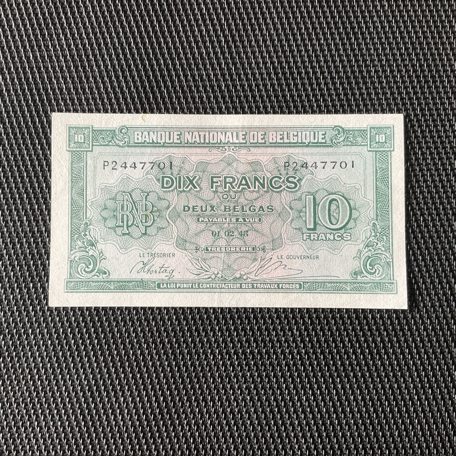 BELGIQUE: 10 Francs 01/02/1943, Pick 122, SPL/AU 🌐