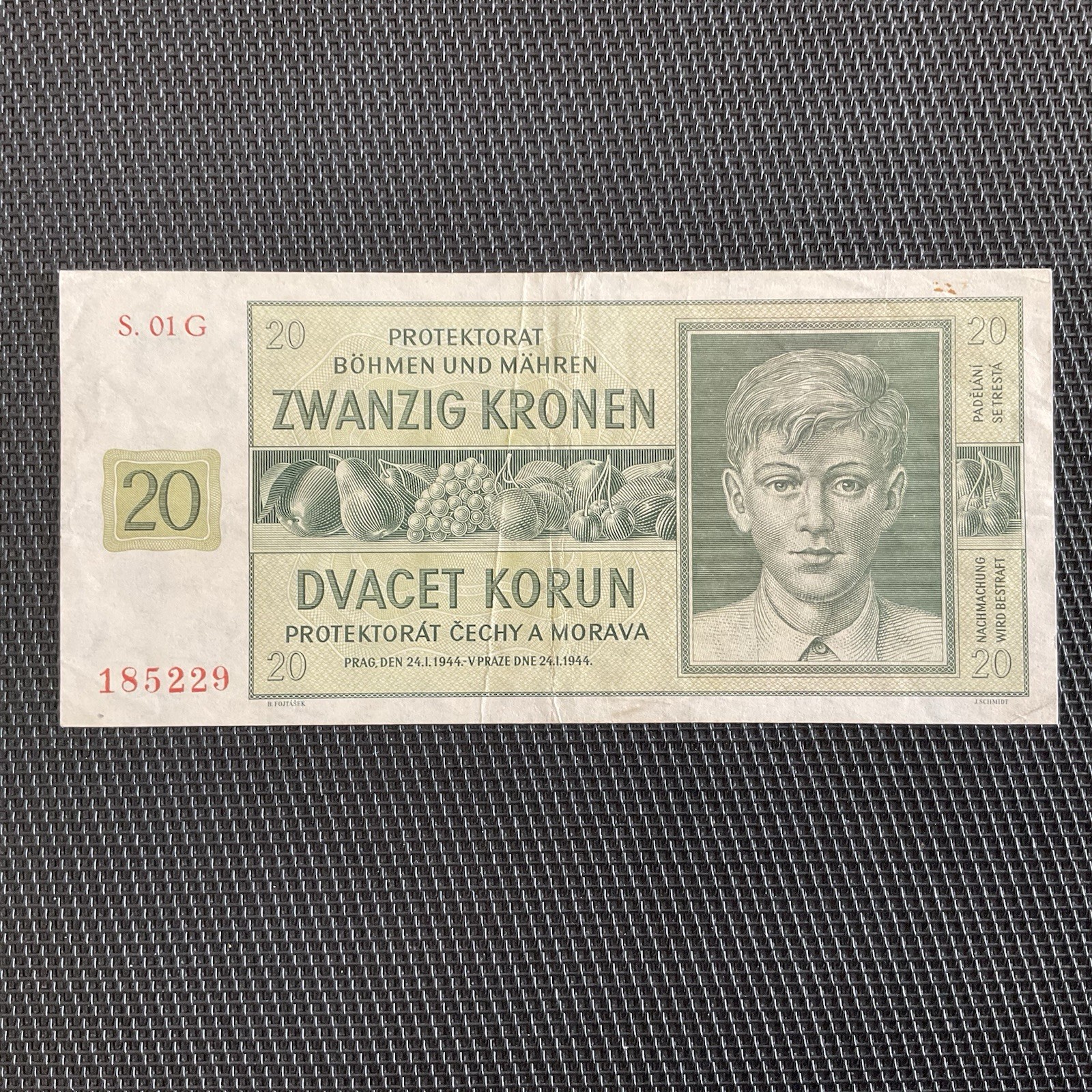 BOHÈME ET MORAVIE: 20 Korun 24/01/1944, Pick 9a, TTB+/VF+ 💥