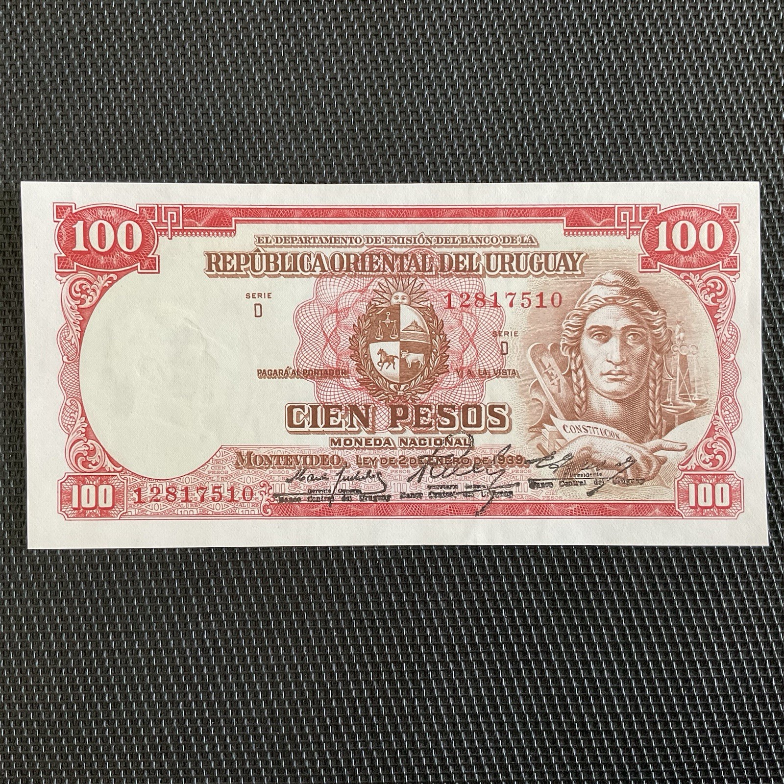 URUGUAY: 100 Pesos 02/01/1939, Série D, Pick 39c Sign 4, Pr.NEUF/AUNC 💥