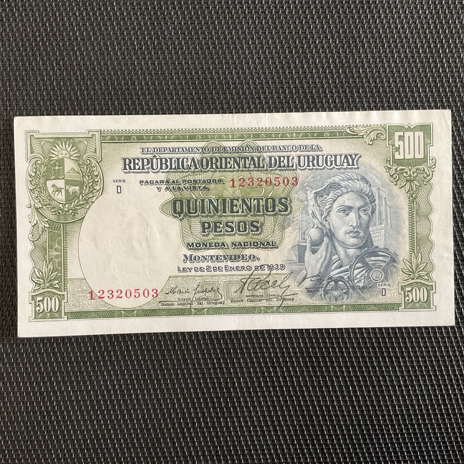 URUGUAY: 500 Pesos 02/01/1939, Série D, Pick 40c, SPL/AU 🔥