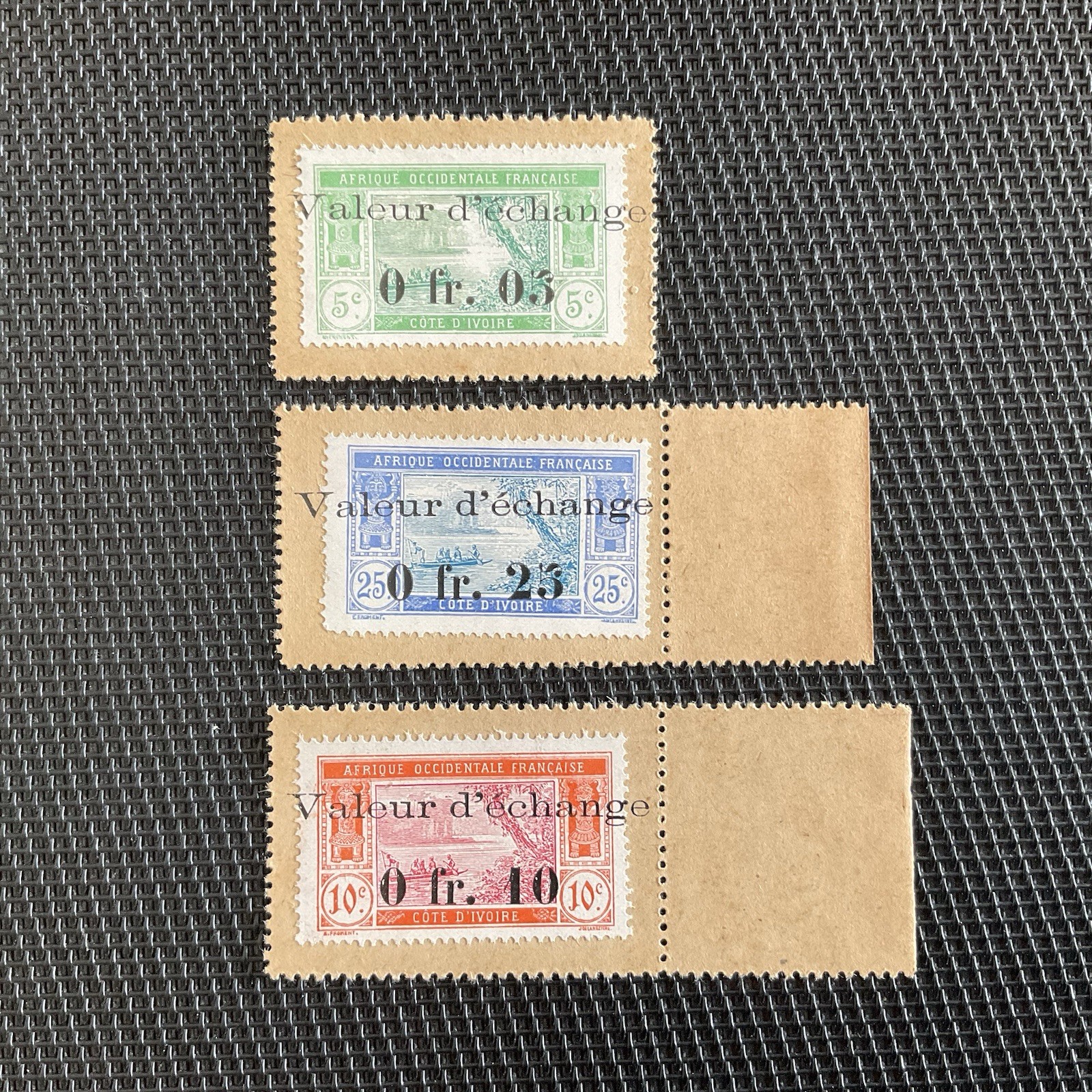 CÔTE D’IVOIRE: 5, 10 et 25 Cts 1920, Timbres Monnaie, Pick 4/5/6, NEUFS/UNC 🔥