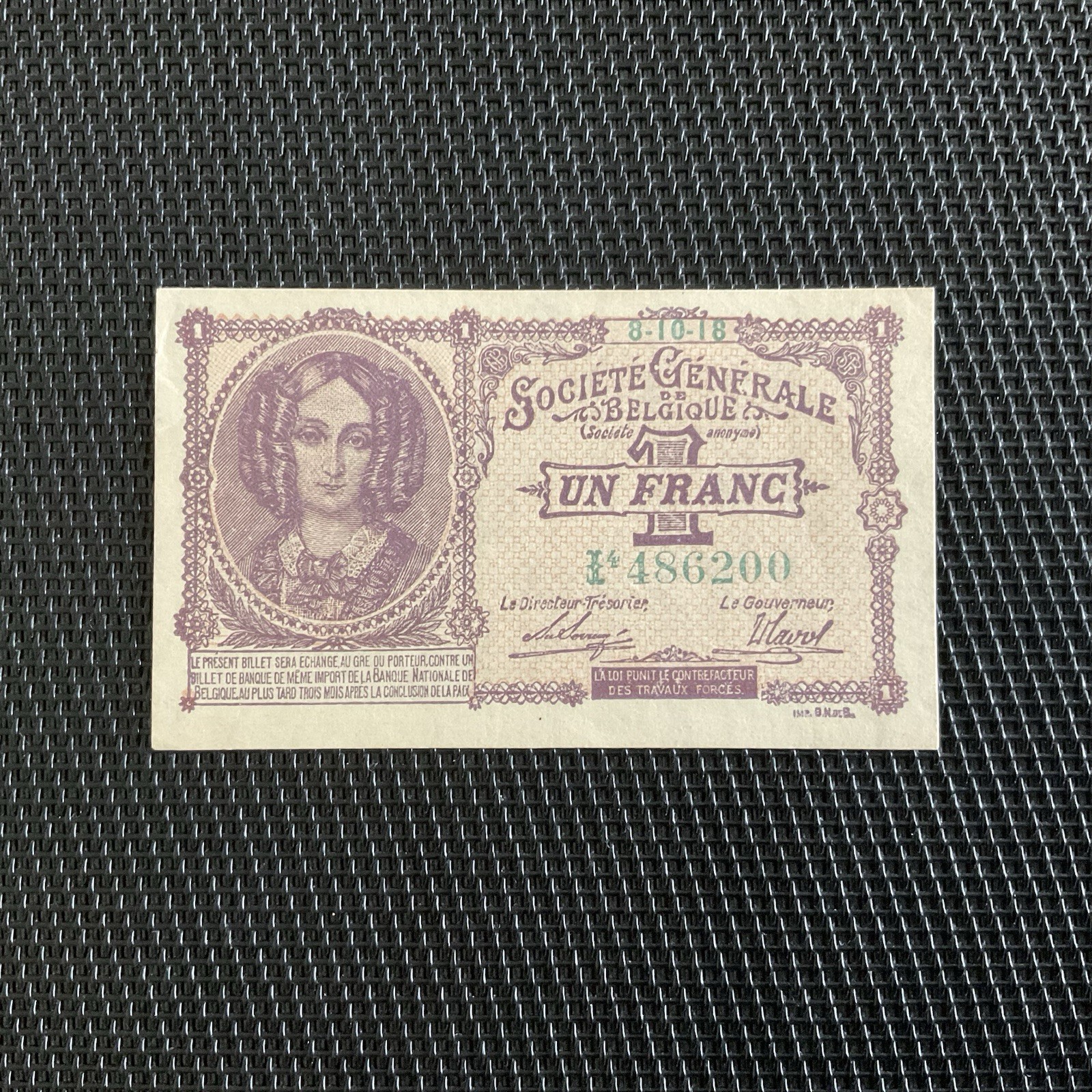 BELGIQUE: 1 Franc 08/10/1918, Société Générale, Pick 86b, SPL/AU 🔥
