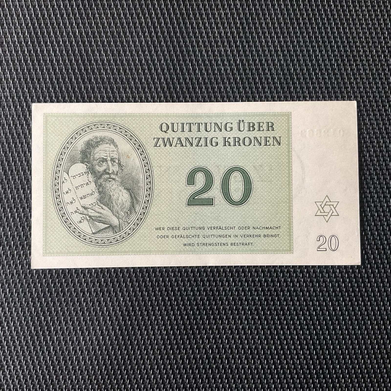 TCHÉCOSLOVAQUIE: 20 Kronen 1943, Camp De Theresienstadt, Pr.NEUF/AUNC 🔥