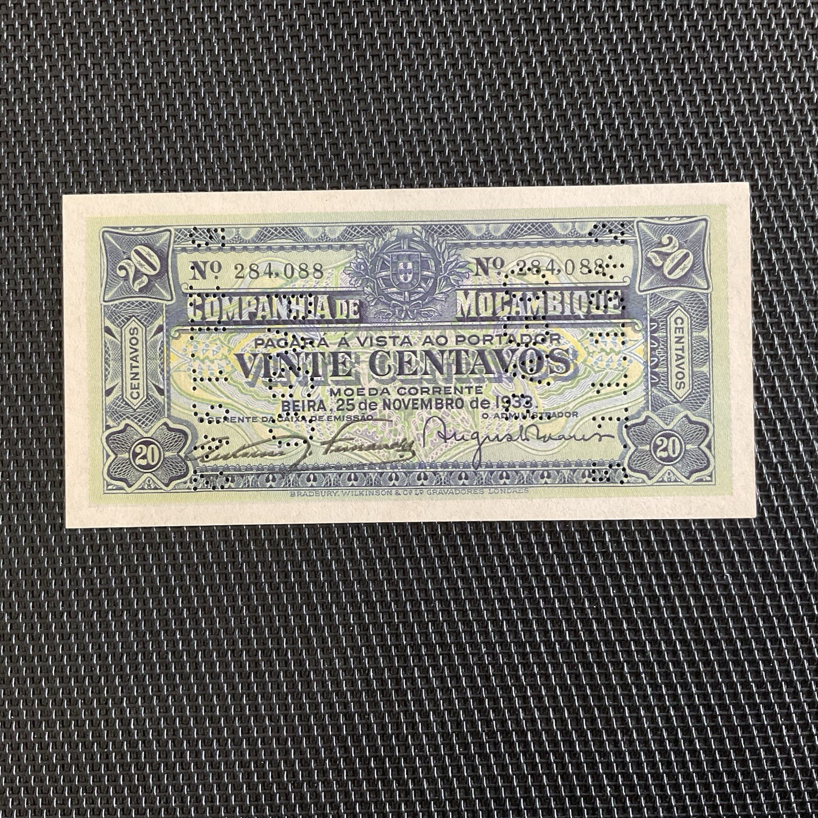MOZAMBIQUE: 20 Centavos 25/11/1933, Pick R29, NEUF/UNC 🌐
