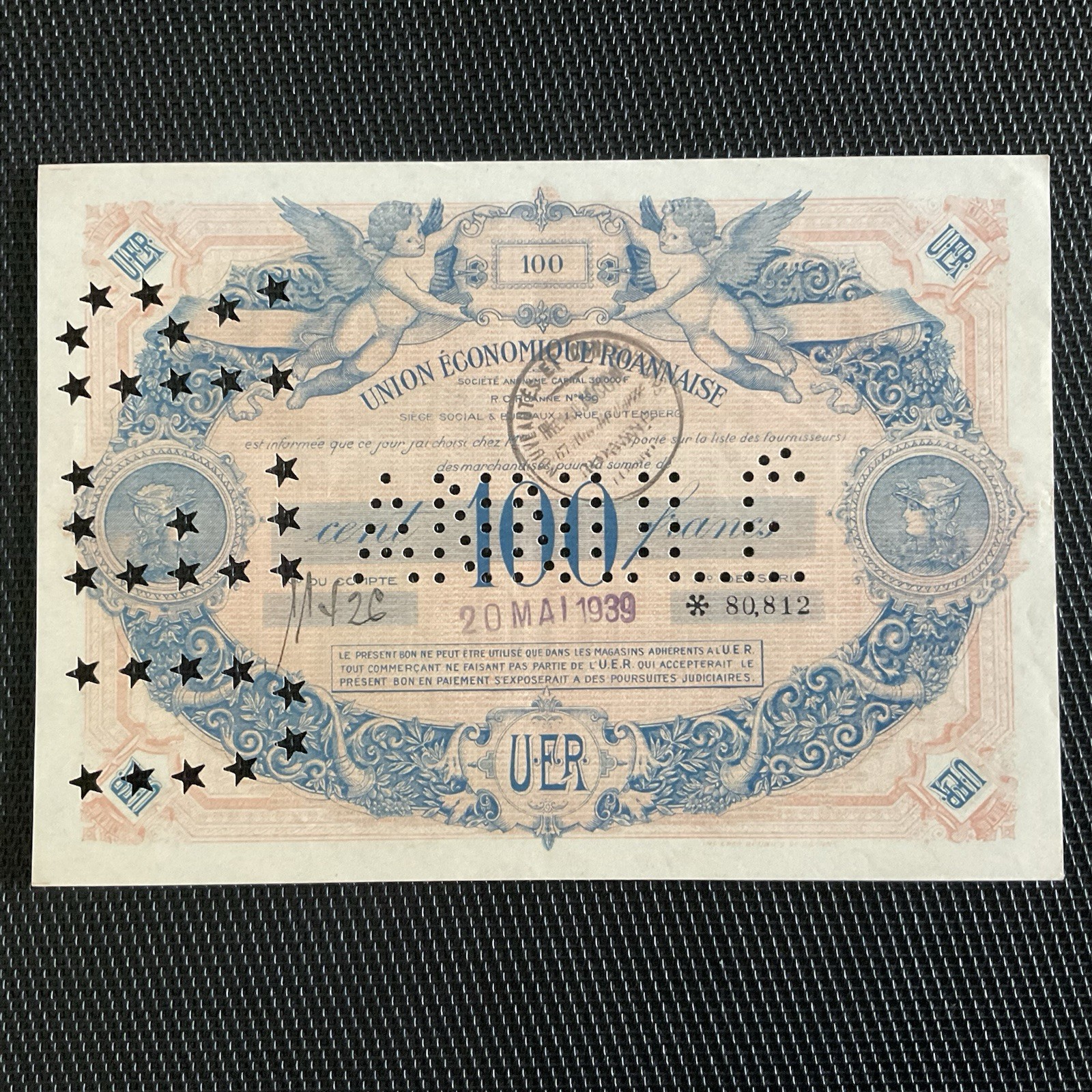 FRANCE: 100 Francs Union Économique Roannaise 1939, Annulé, SPL/AU 🇫🇷