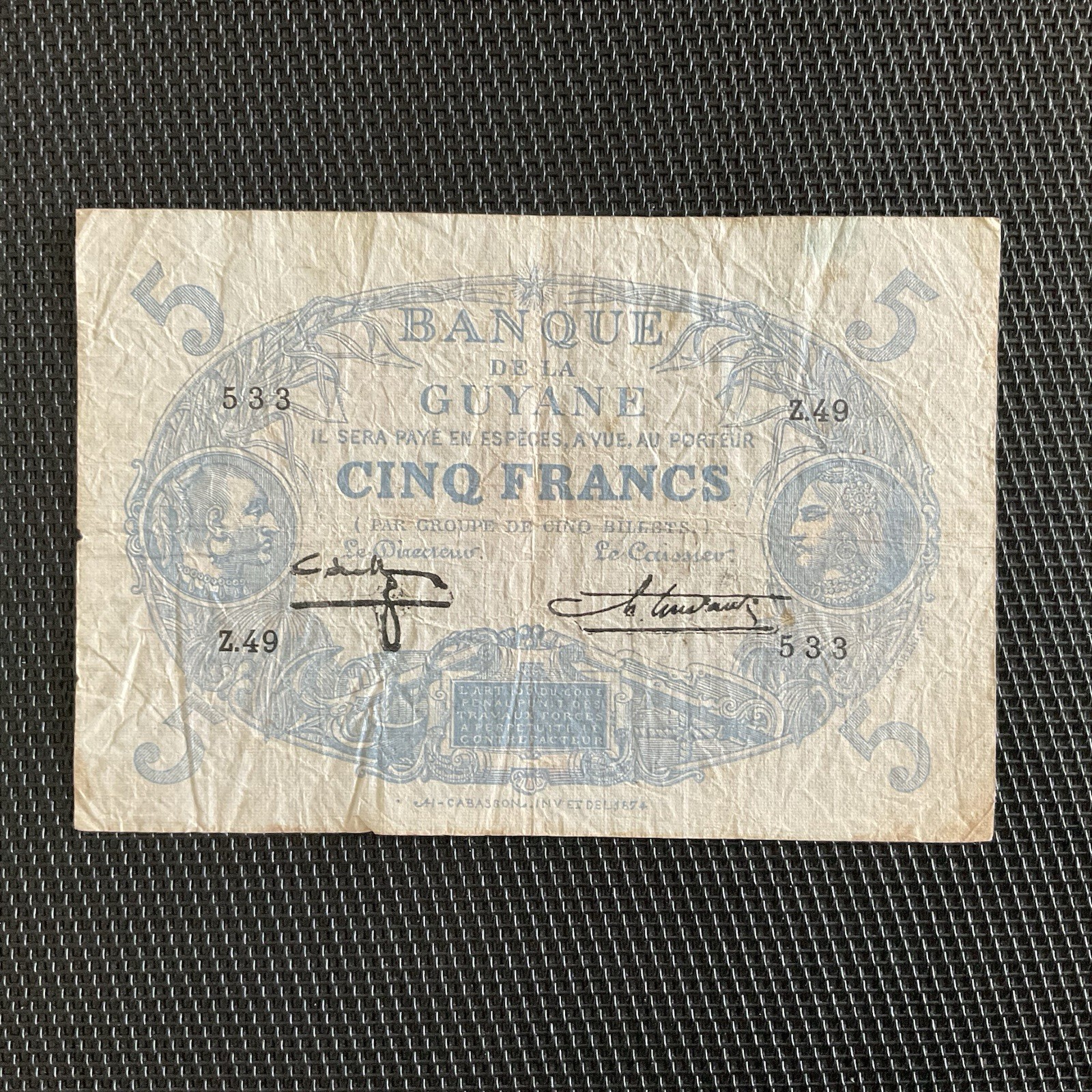 GUYANE FRANÇAISE: 5 Francs 1922/47, Pick 1d, TB/F 🇫🇷