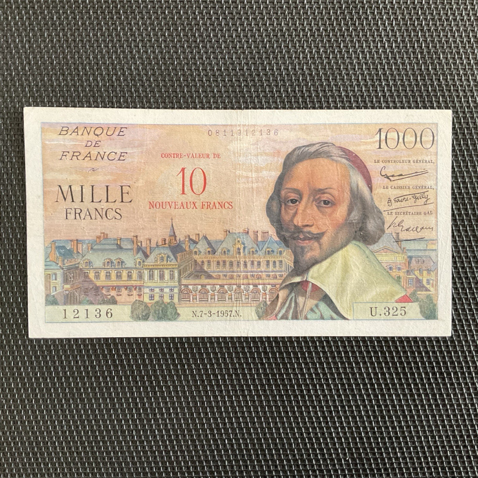 FRANCE: 10NF sur 1000F Richelieu 17/03/1957, F53-01, SUP/XF 🇫🇷