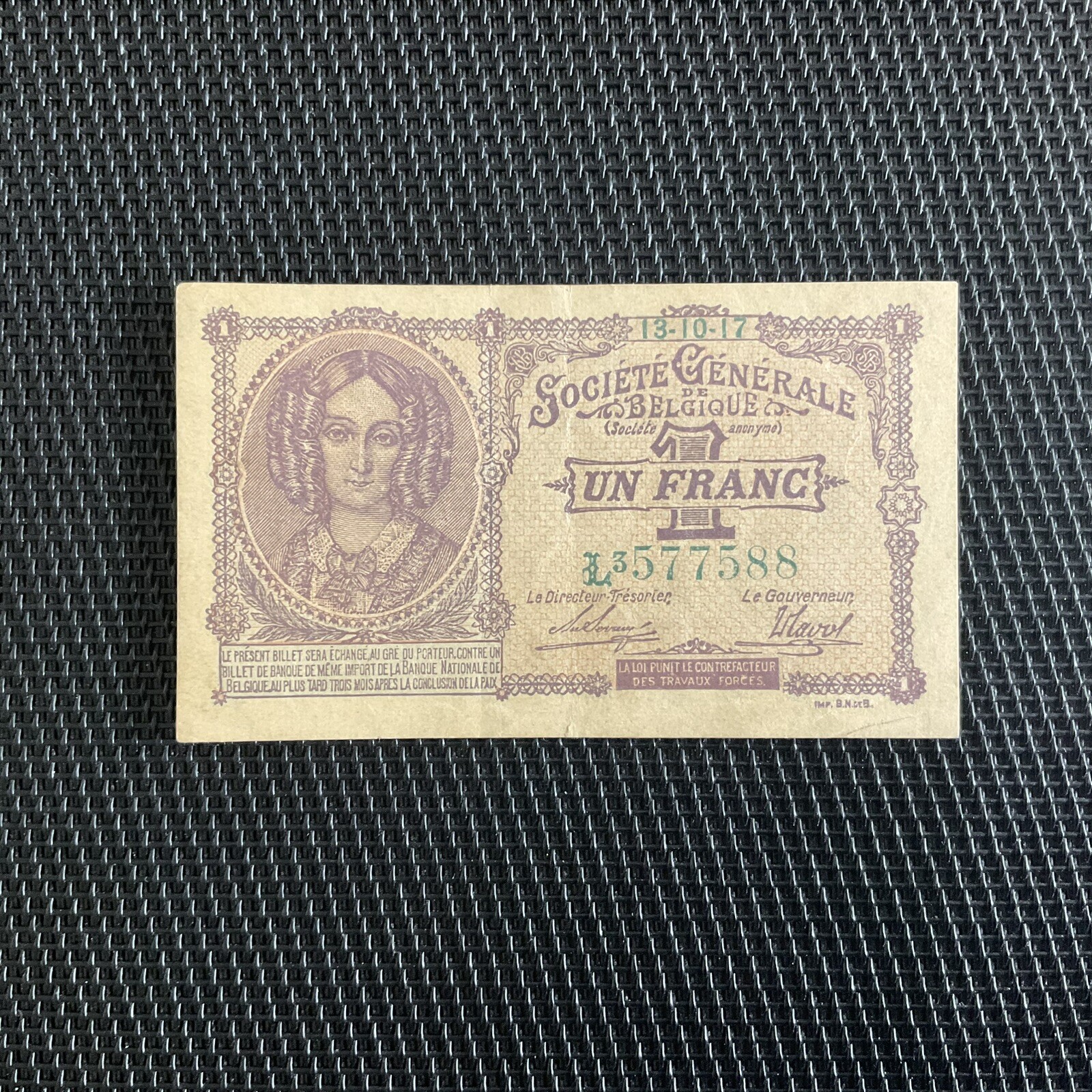 BELGIQUE: 1F 13/10/1917, Société Générale De Belgique, SUP+/XF+ 🌐