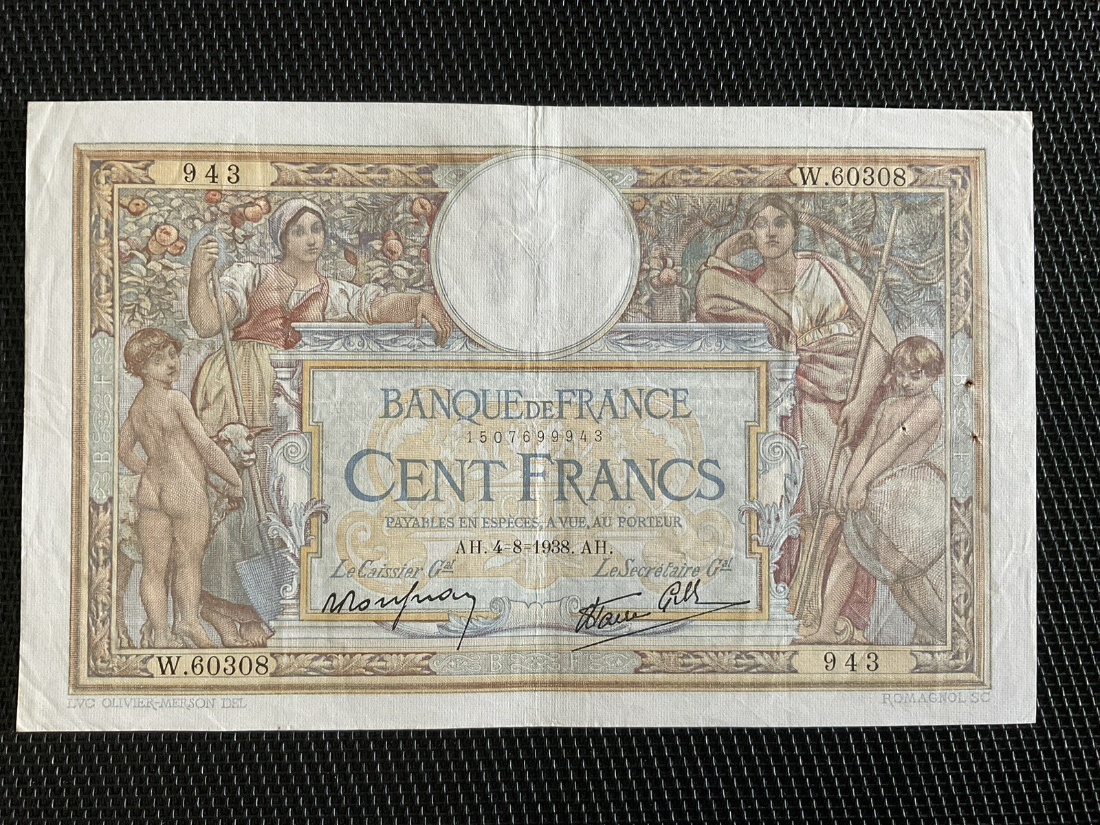 FRANCE: 100 Francs Merson 04/08/1938, F25-27, TTB+/VF+ 🇫🇷