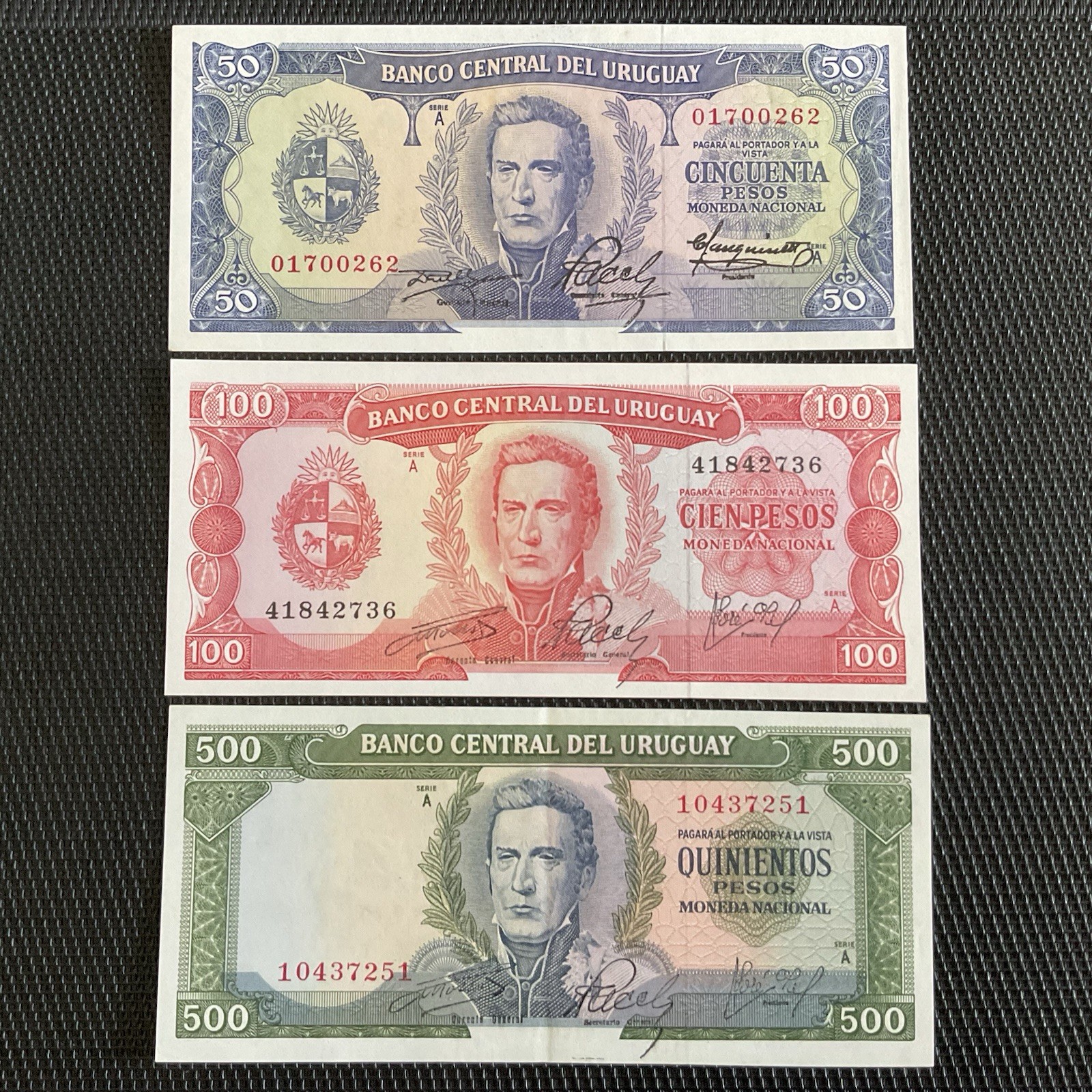 URUGUAY: 50, 100 et 500 Pesos ND 1967, Pick 46/47/48, SPL/NEUFS 🔥