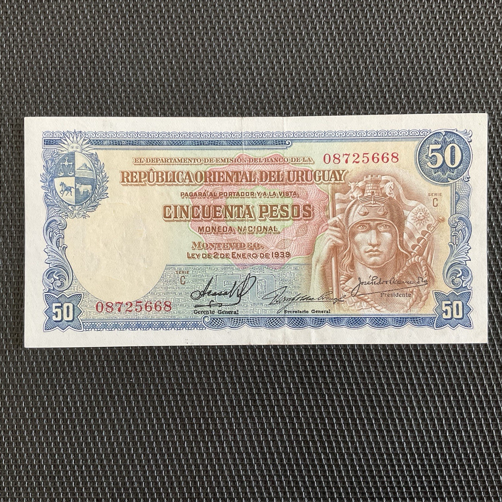 URUGUAY: 50 Pesos 02/01/1939, Série C, Pick 38b, Pr.SUP/aXF 💥