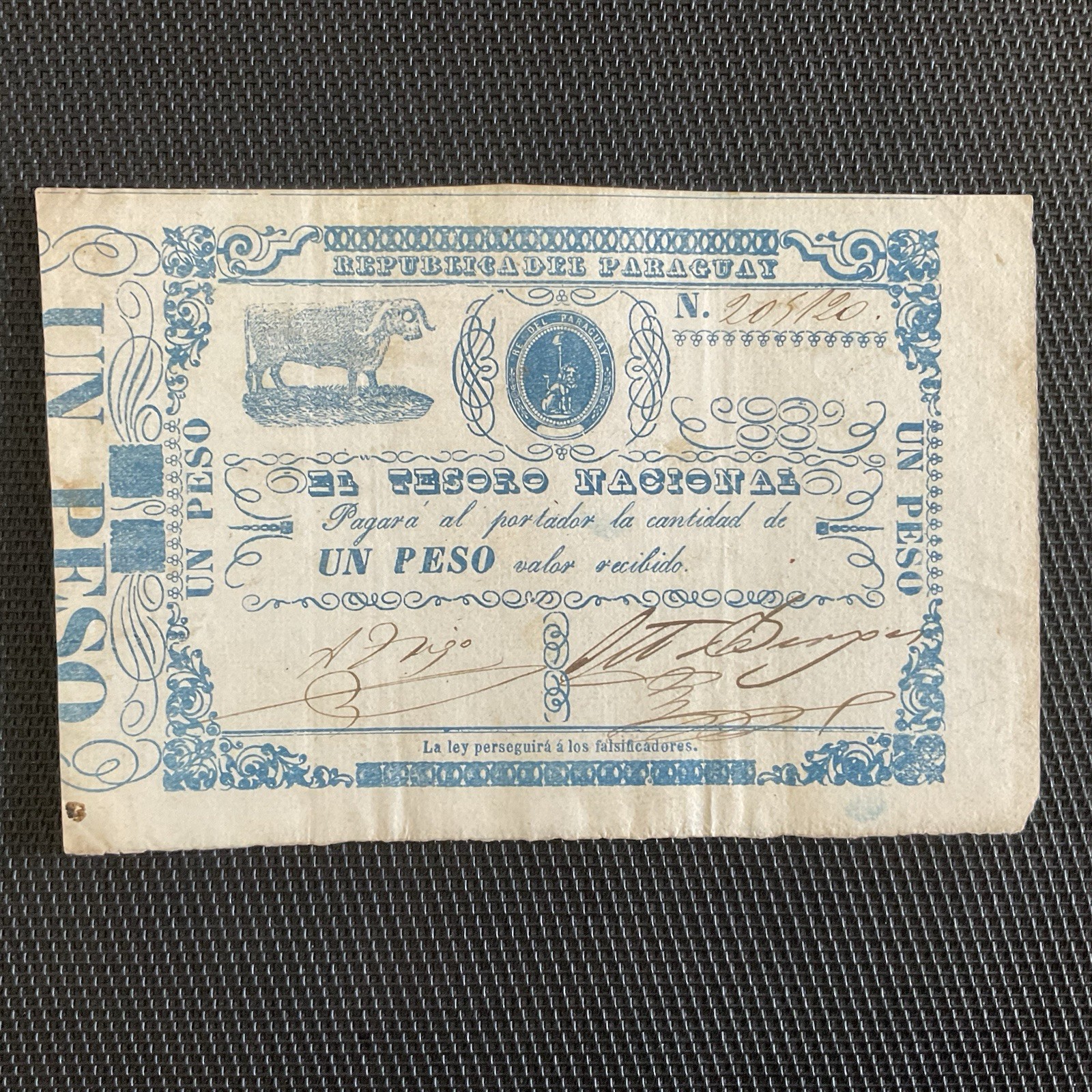 PARAGUAY: 1 Peso ND 1965, Trésor National, Pick 21, TTB/VF 🌐