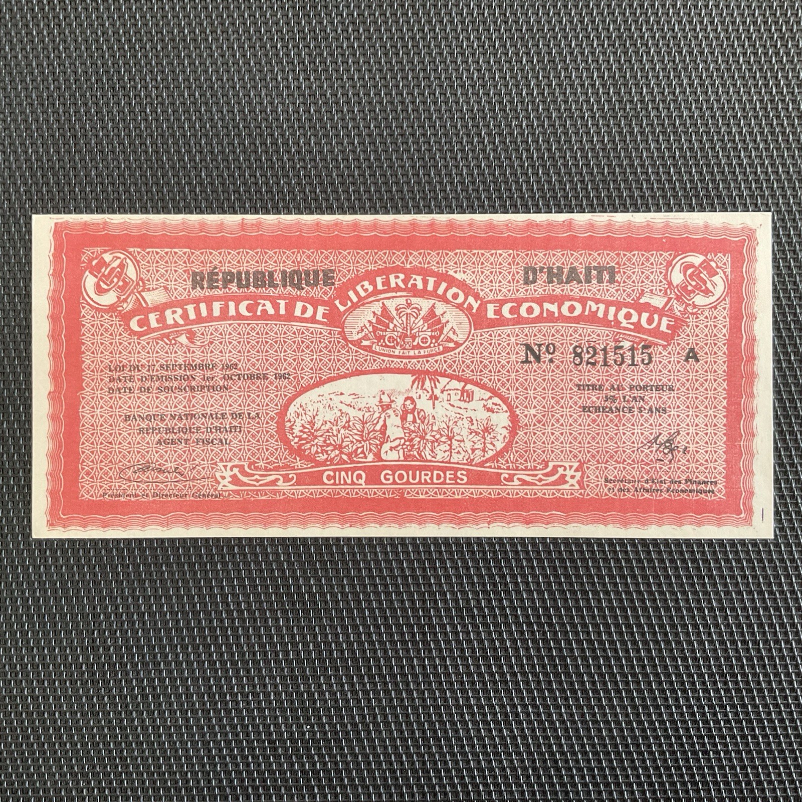 HAÏTI: 5 Gourdes 01/10/1962, Pick 502a2, NEUF/UNC 🔥