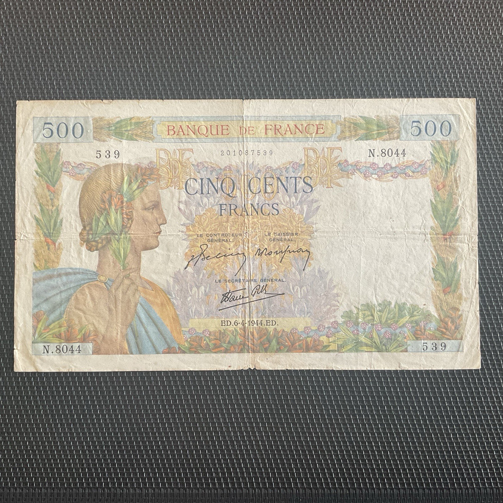 FRANCE: 500 Francs La Paix 06/04/1944, Date Rare!, F25-46, TB/F 🇫🇷