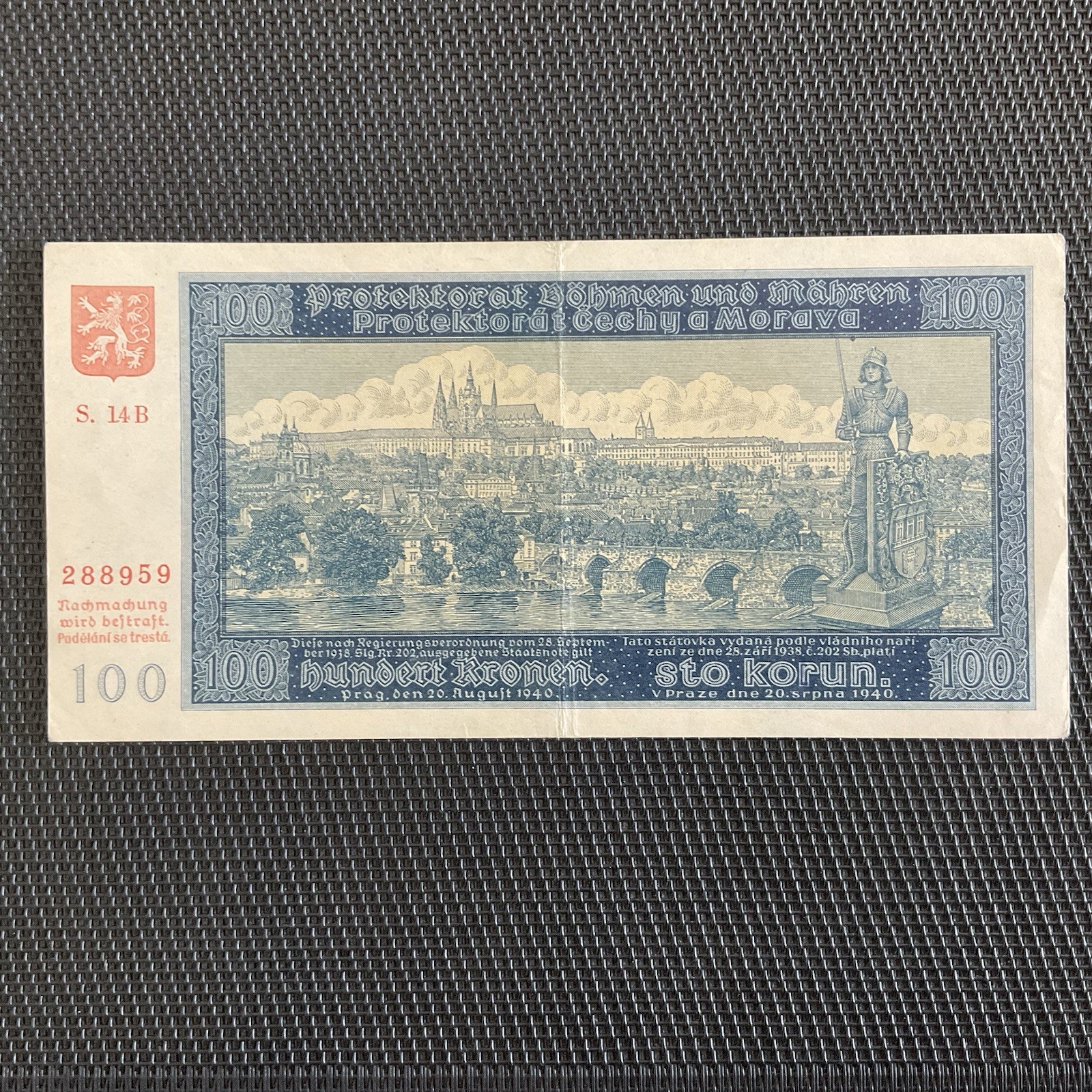 BOHÈME ET MORAVIE: 100 Korun 1940, Pick 7a, SUP/XF 🌐