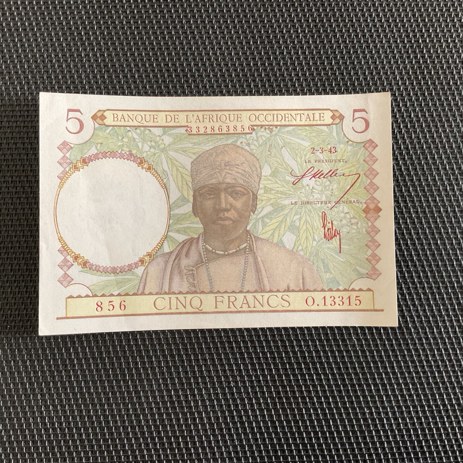 AFRIQUE OCC. FRANÇAISE: 5 Francs 02/03/1943, Pick 25, SPL/AU 💥