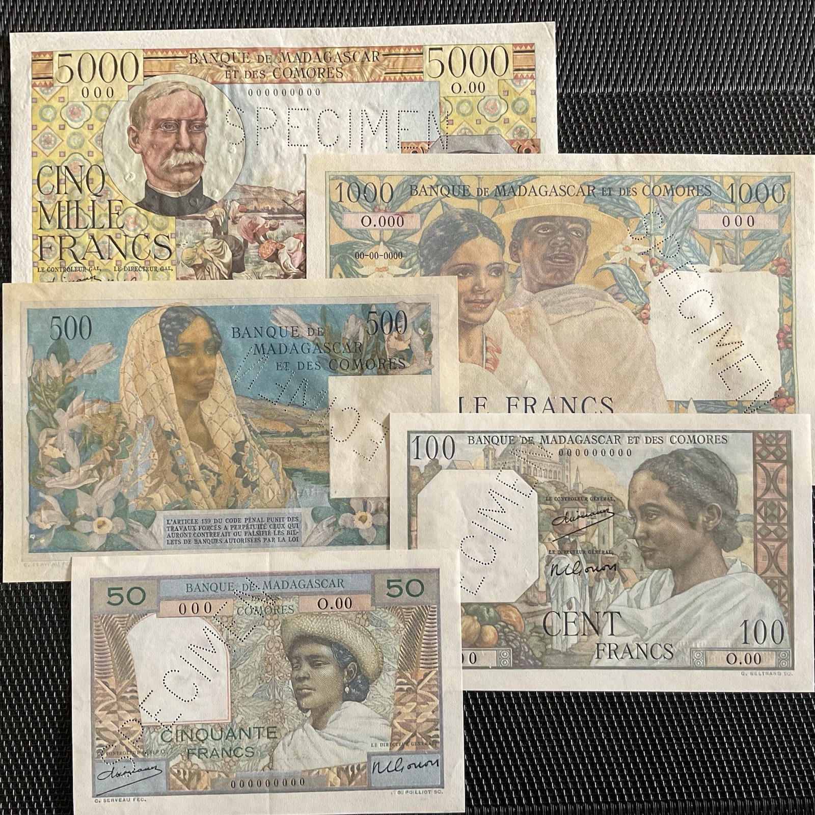 MADAGASCAR: 50F à 5000F 1950/58, SPÉCIMEN, Pick 45s à 49s, SUP/SUP+ 🔥