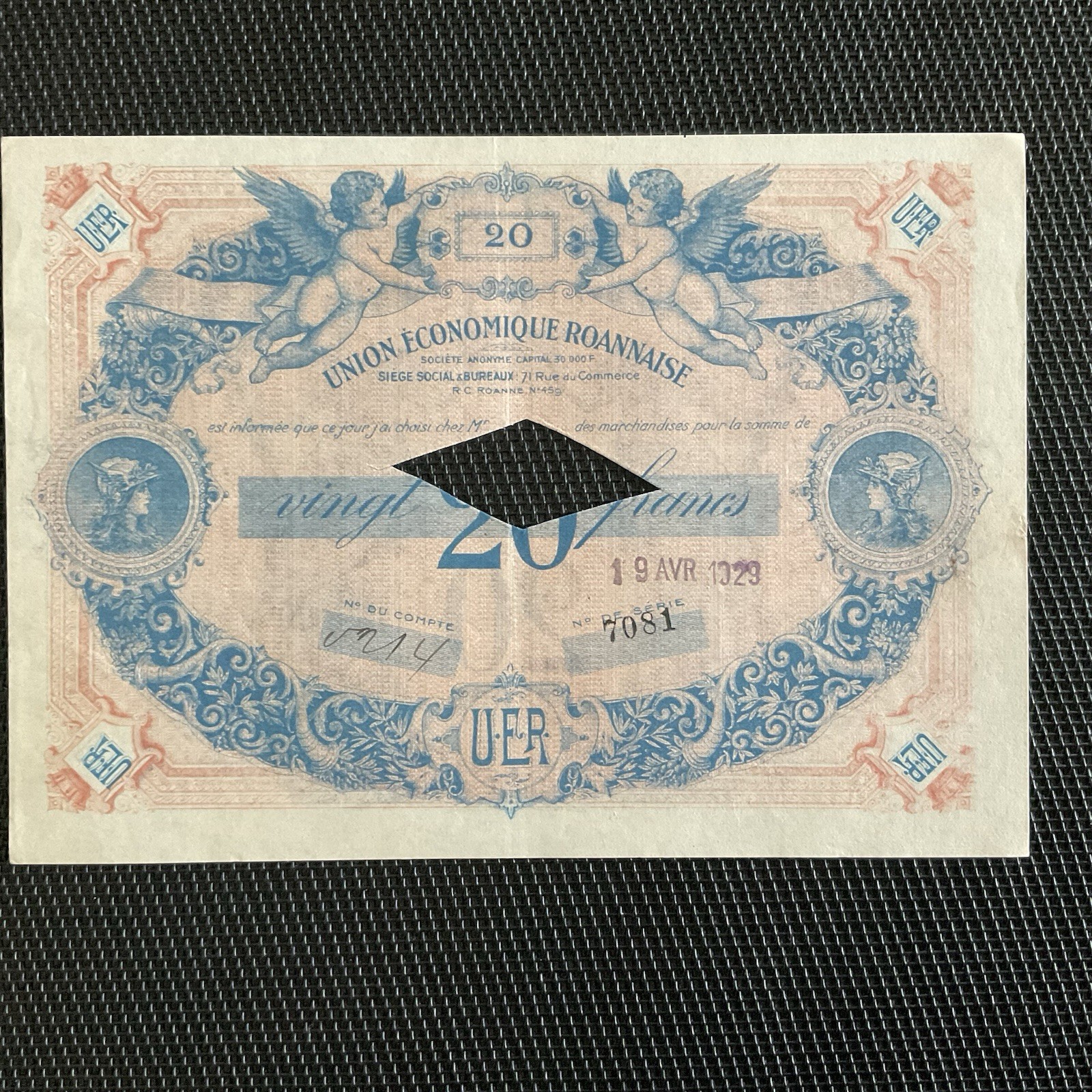 FRANCE: 20 Francs Union Économique Roannaise 1929, ANNULÉ, SUP/XF 🇫🇷