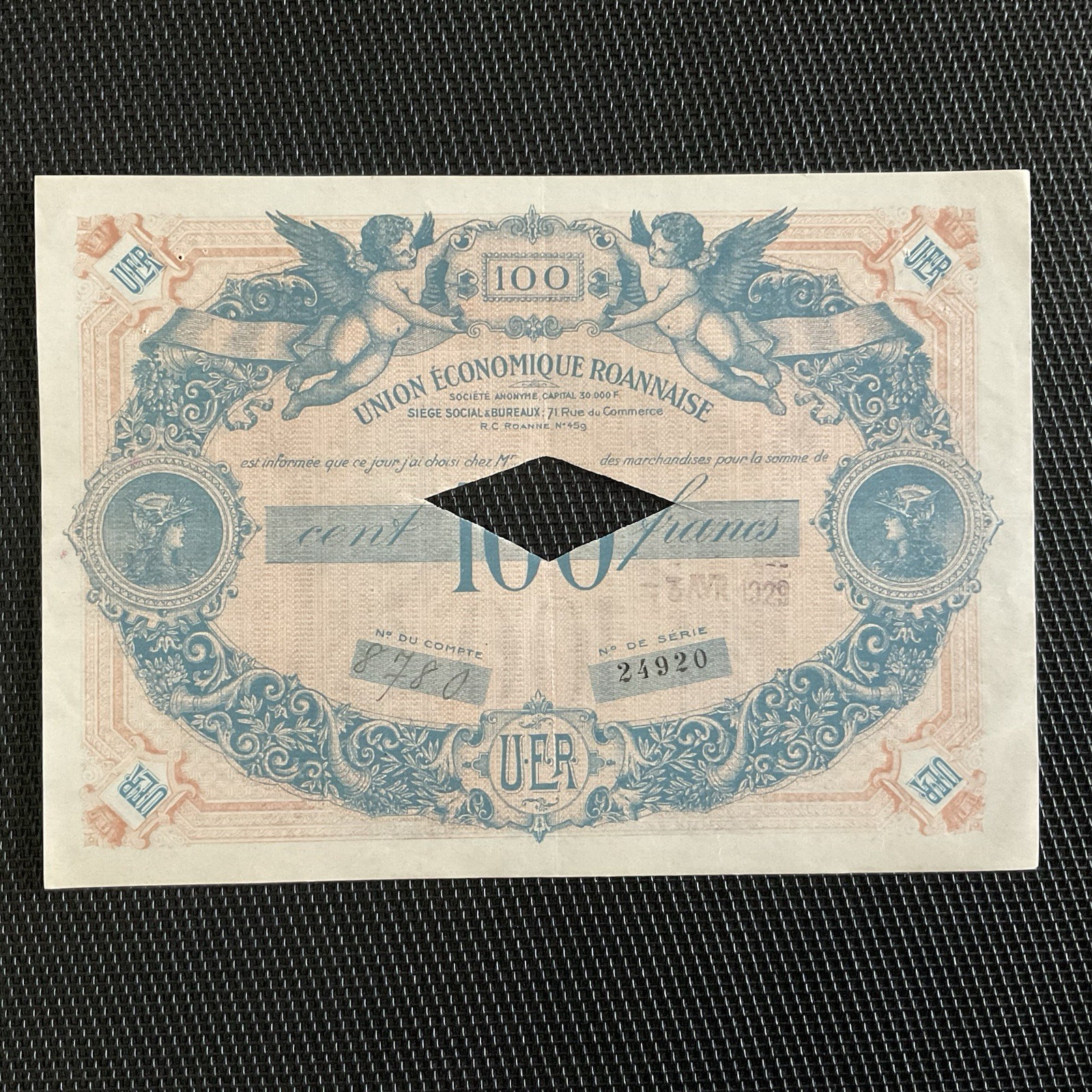 FRANCE: 100 Francs Union Économique Roannaise 1929, ANNULÉ, SPL/AU 🇫🇷
