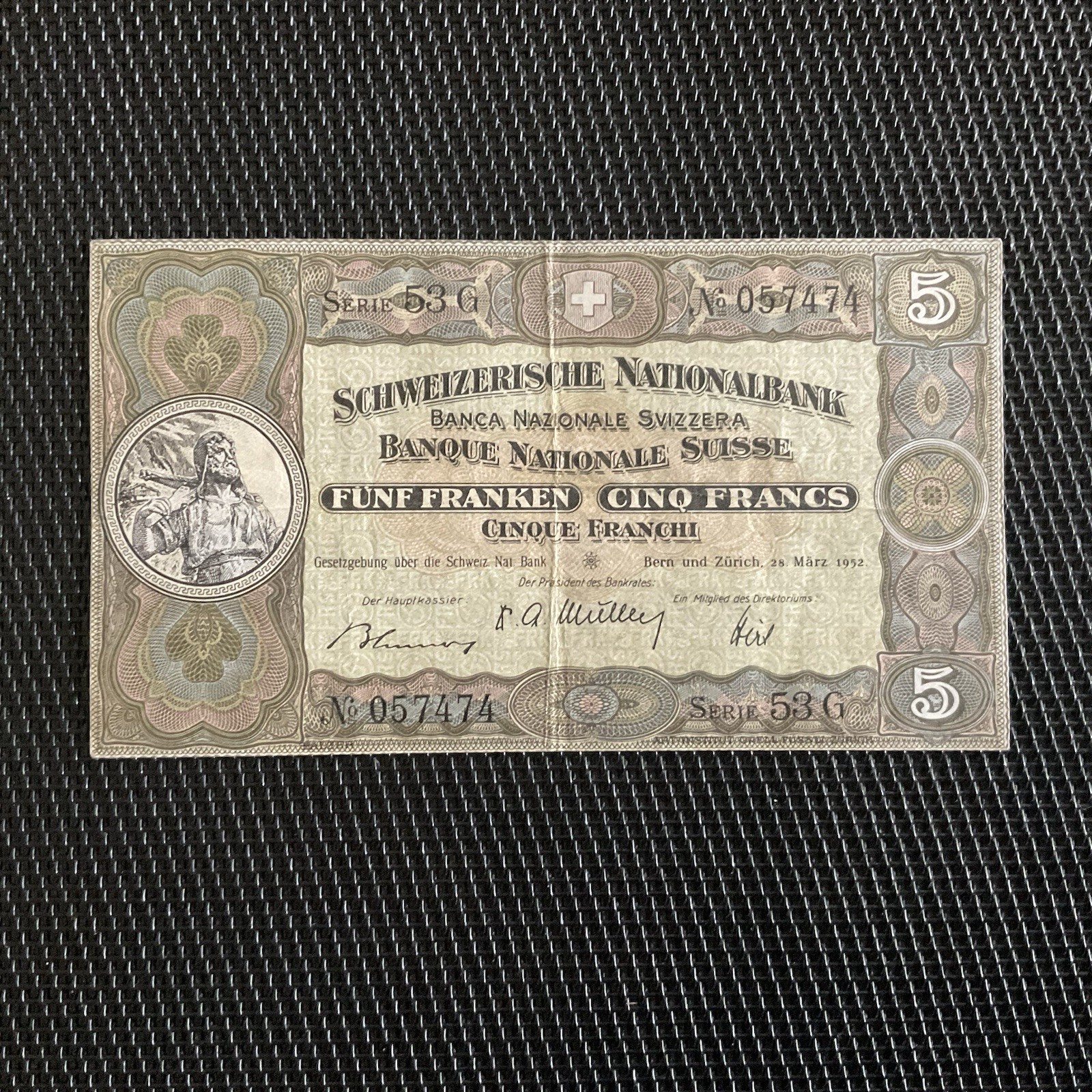 SUISSE: 5 Francs 28/03/1952, Pick 11p Sign 1, TTB+/VF+ 💥