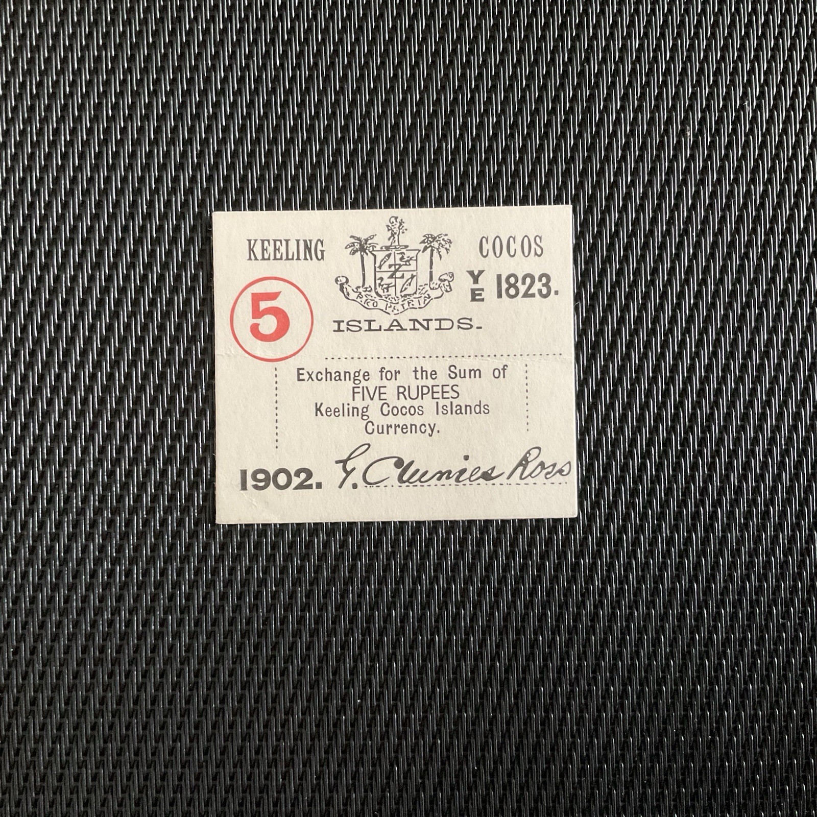 KEELING COCOS ISLANDS: 5 Roupies 1902, Pick S128, SPL/AU 🌐
