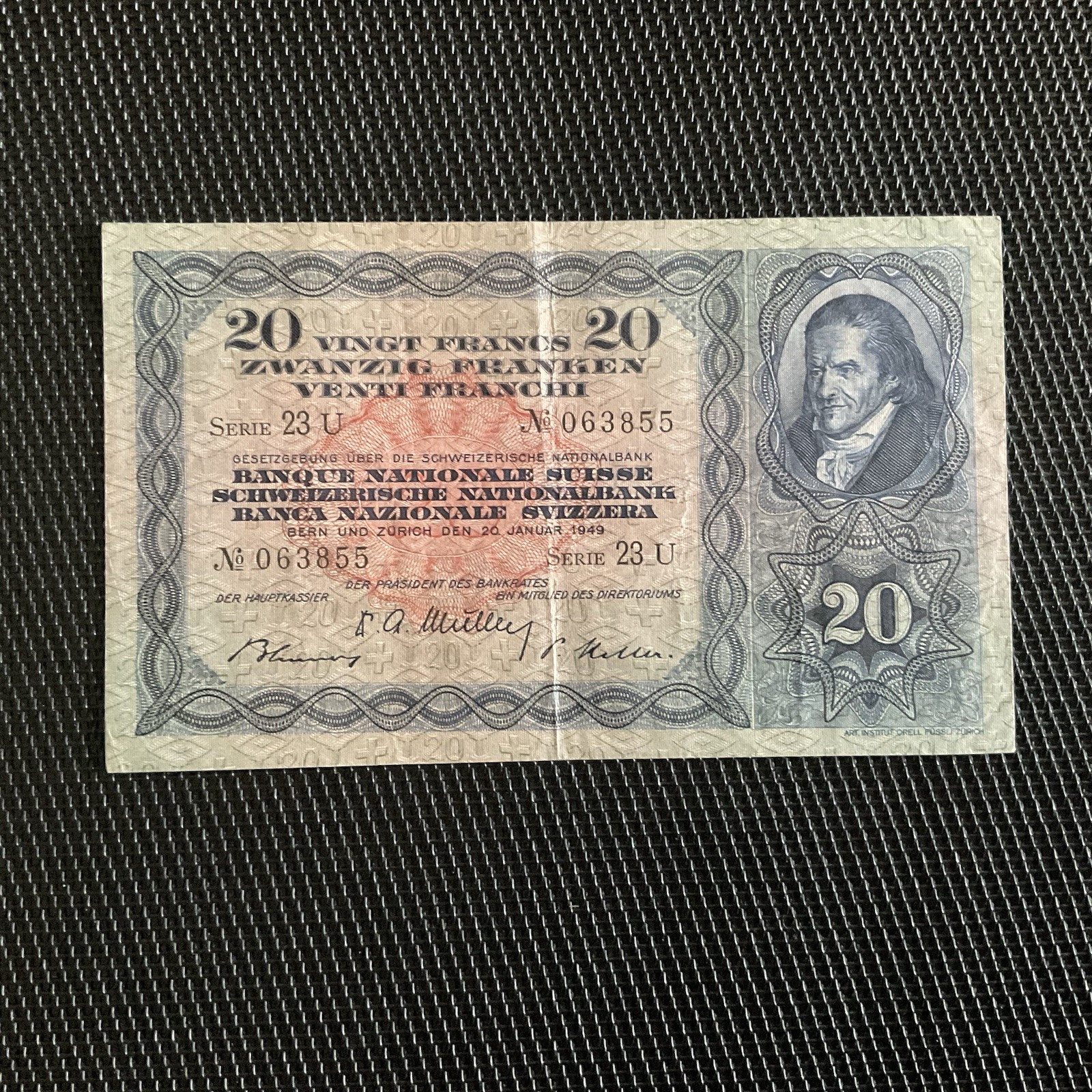 SUISSE: 20 Francs 20/01/1949, Pick 39q Sign 3, TTB+/VF+ 🌐