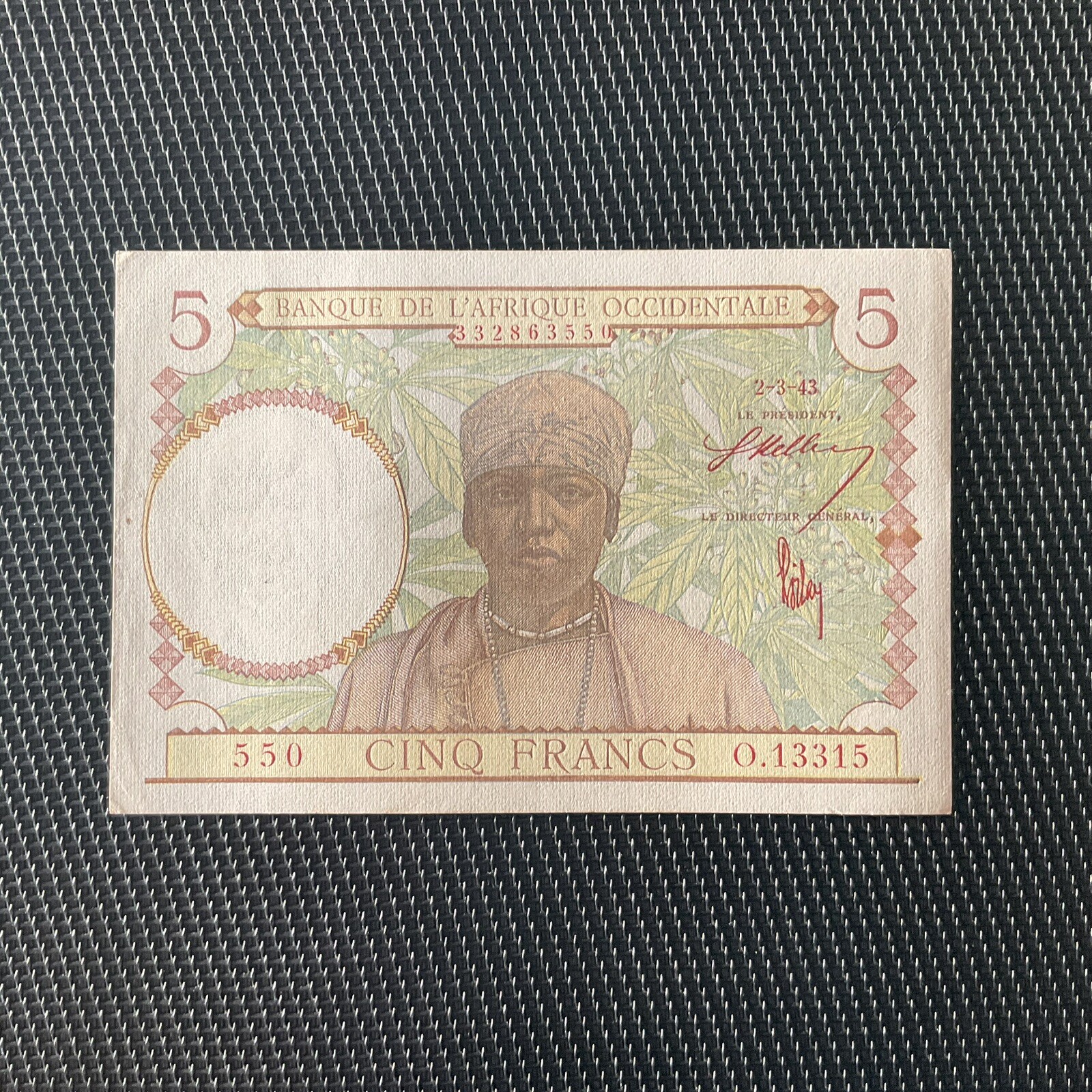 AFRIQUE OCCIDENTALE FRANÇAISE: 5 Francs 02/03/1943, Pick 25, Pr.SPL/AU 💥