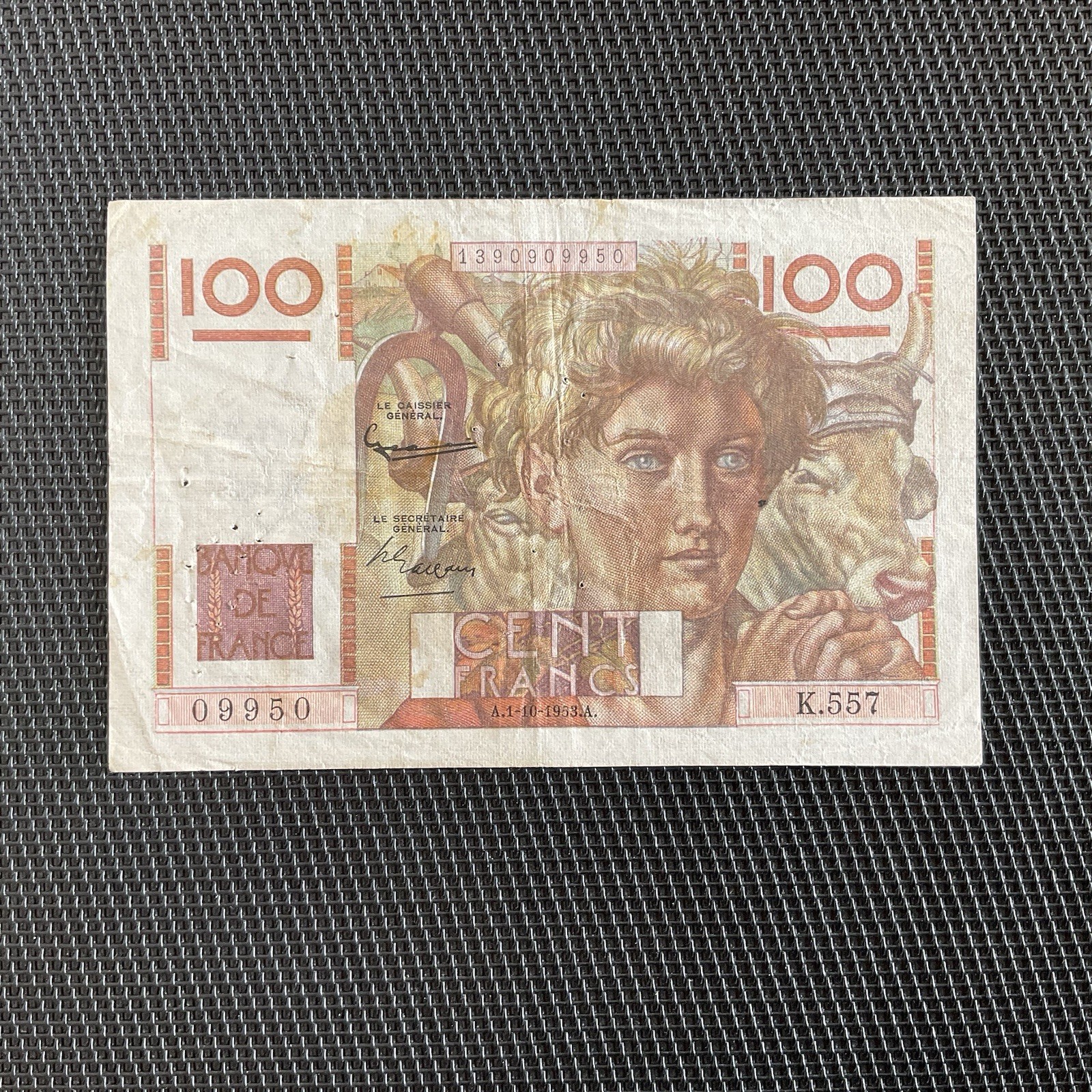 FRANCE: 100 Francs Jeune Paysan 01/10/1953, FILIGRANE INVERSÉ, F28bis-03, Pr.TTB