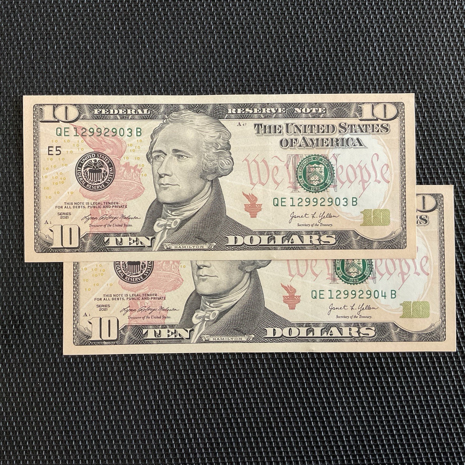 ÉTATS UNIS: 10 Dollars 2021 NY, 2 N° Consécutifs, Pick 552, NEUFS/UNC 💥