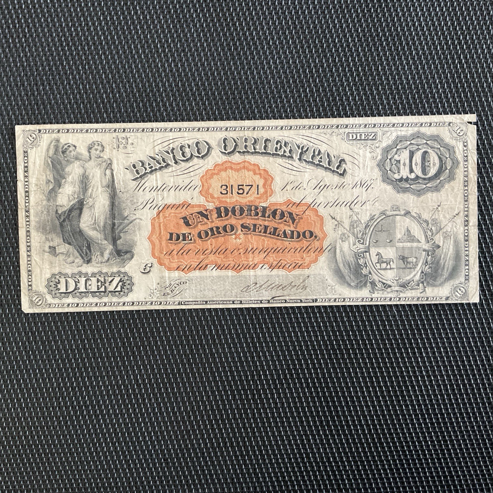 URUGUAY: 10 Pesos 1867, Banco Oriental, Pick S385, TB/F 💥