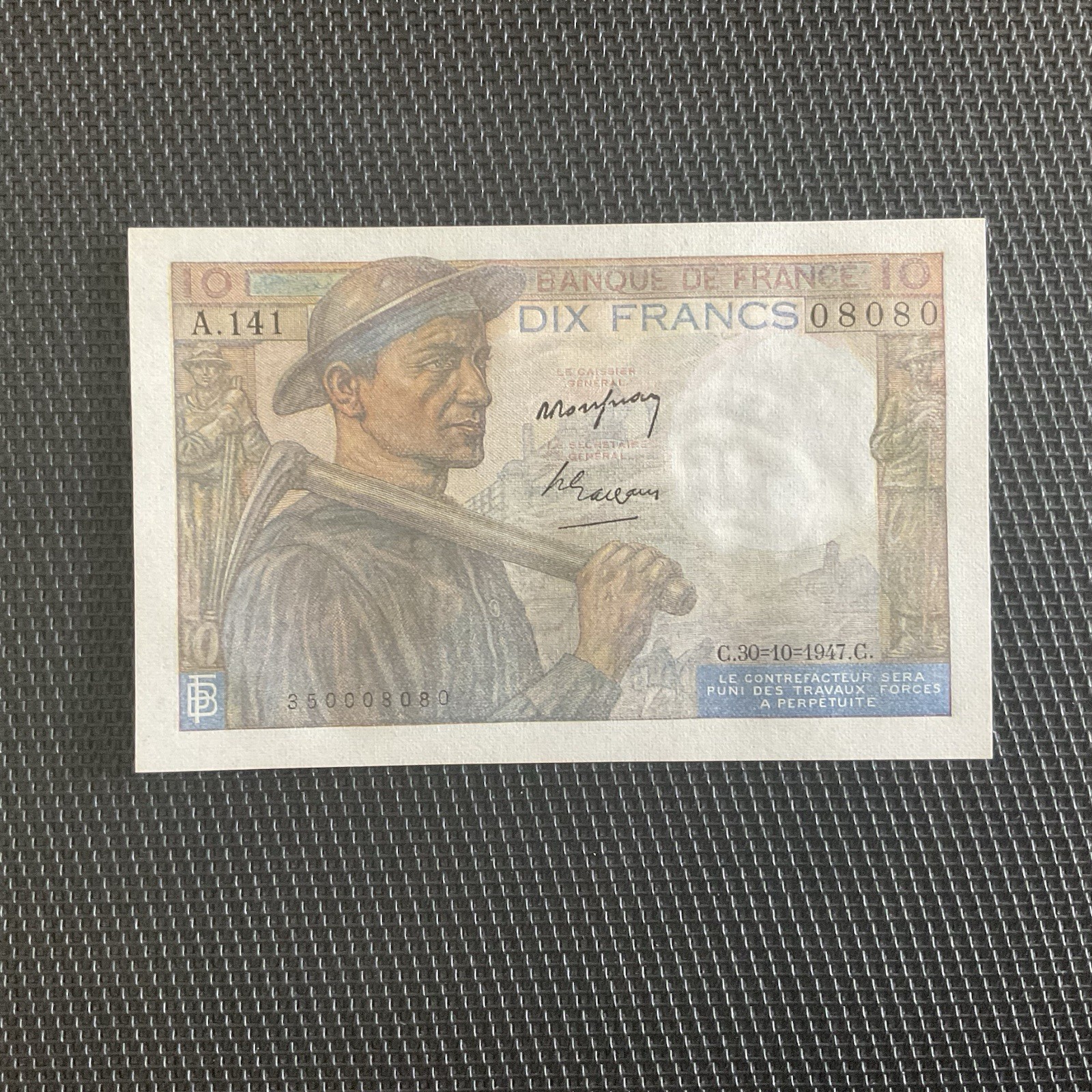 FRANCE: 10 Francs Mineur 30/10/1947, N° Miroir, F08-18, NEUF/UNC 🇫🇷