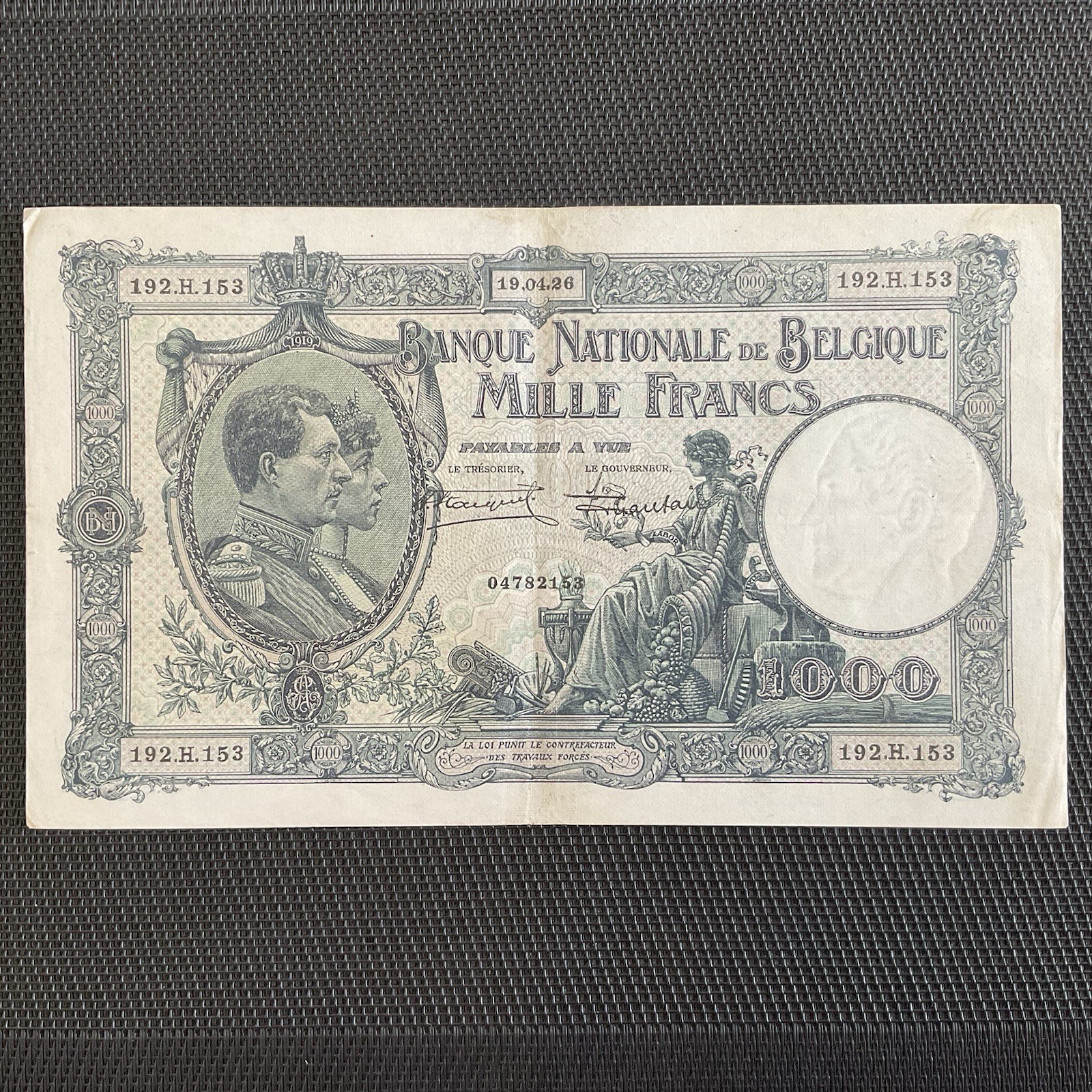 BELGIQUE: 1000 Francs 19/04/1926, Pick 96 Sign 3, TTB+/VF+ 🔥