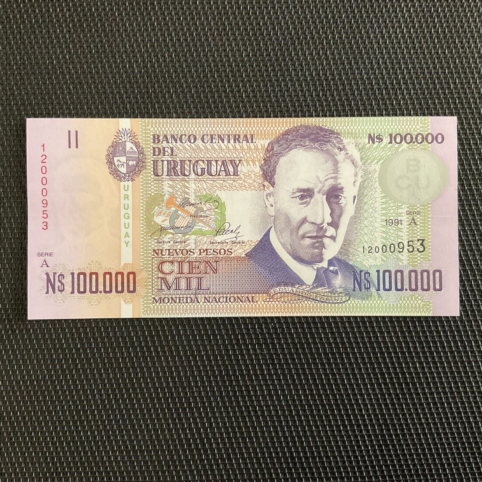 URUGUAY: 100 000 Nouveaux Pesos 1991, Pick 71, NEUF/UNC 🌐