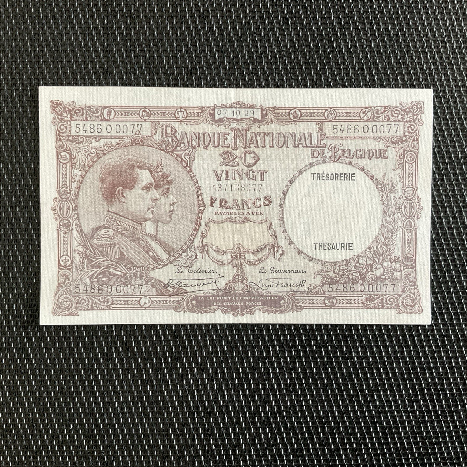 BELGIQUE: 20 Francs 07/10/1929, Pick 98b, SUP/XF 🔥