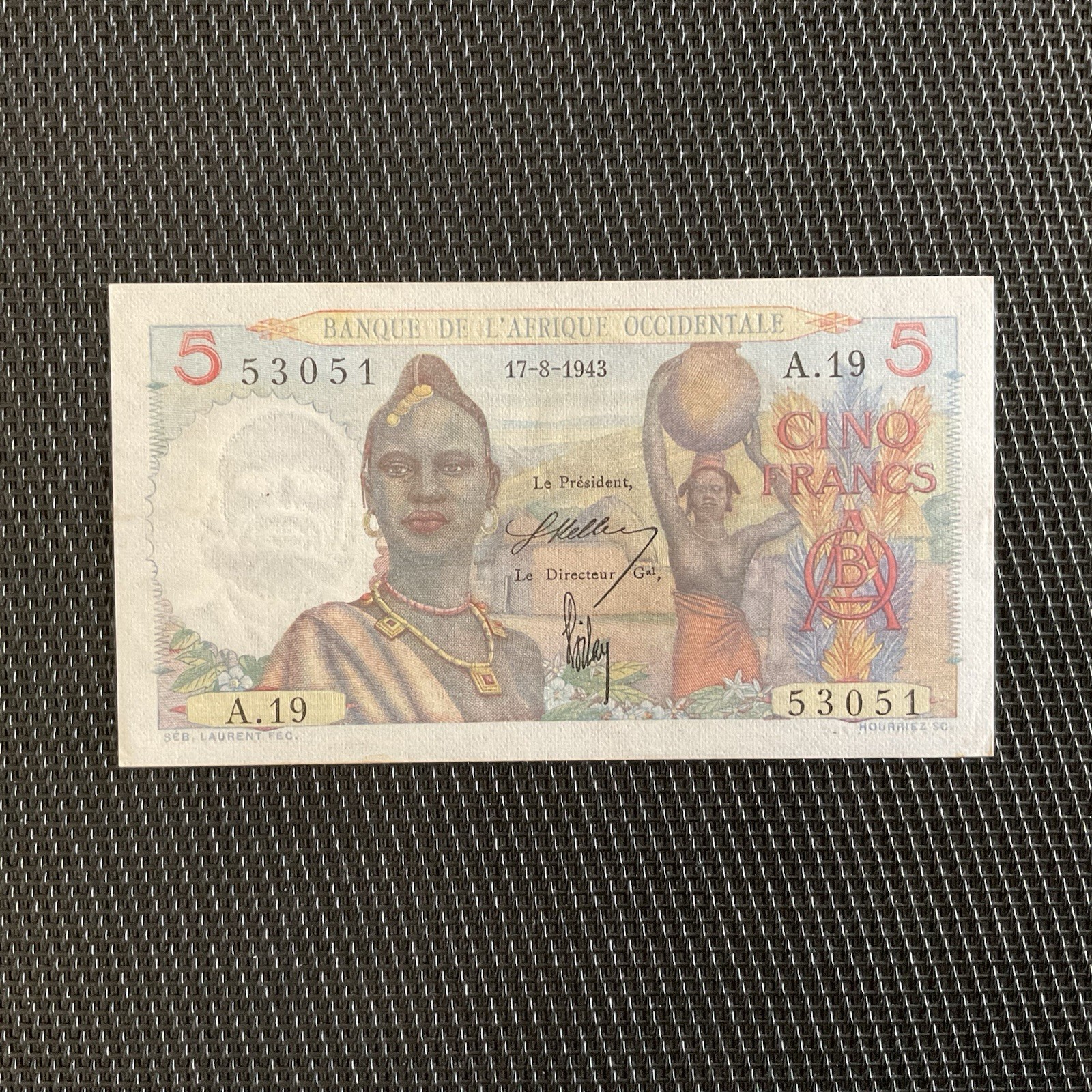 AFRIQUE OCCIDENTALE: 5 Francs 17/08/1943, Pick 36a, SPL/AU 🔥